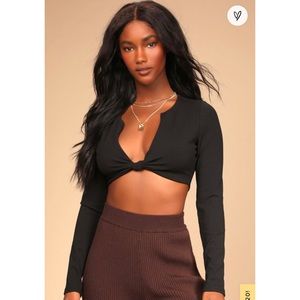 Black ribbed knot-front long sleeve top